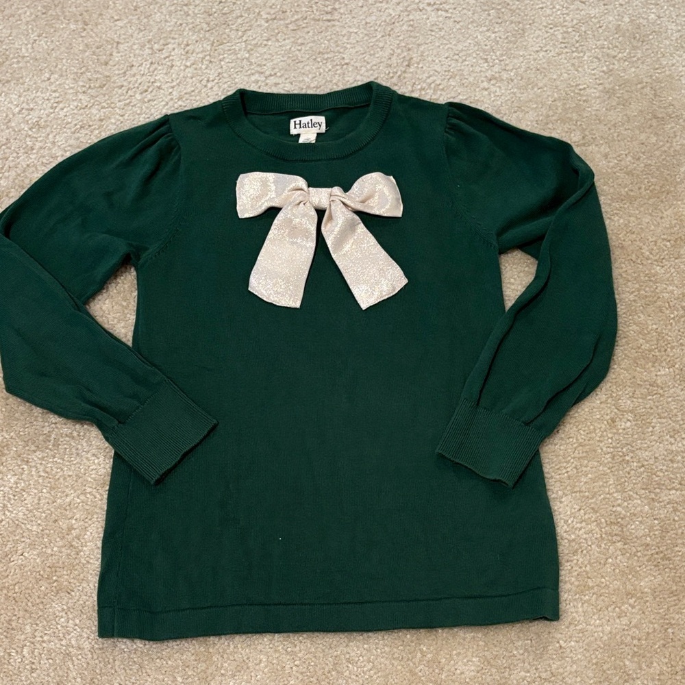 Hatley Forest Green Sweater with Cream Sparkle Bow